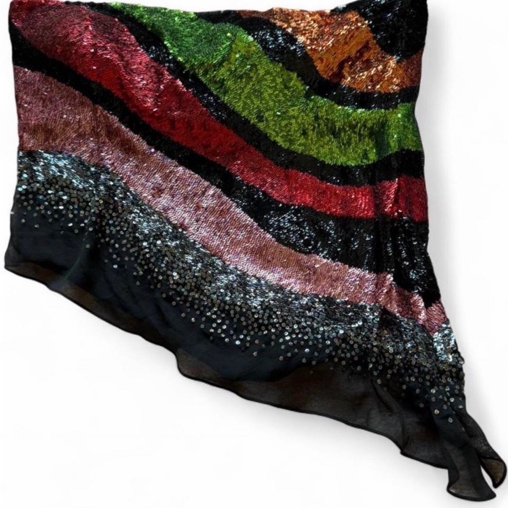 Sequined Multicolor Asymmetrical Scarf - Black, Green, Red, Pink